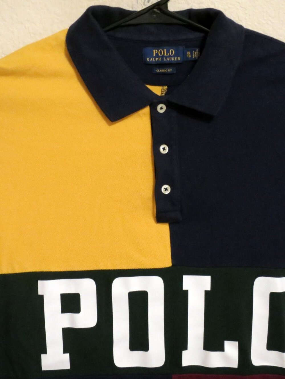 Polo Ralph Lauren Shirt Mens XL Short Sleeve Polo Navy Blue Yellow Colorblocks